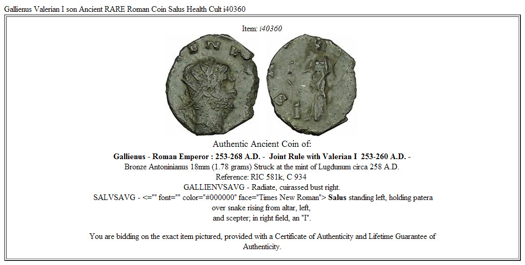 Gallienus Valerian I son Ancient RARE Roman Coin Salus Health Cult i40360