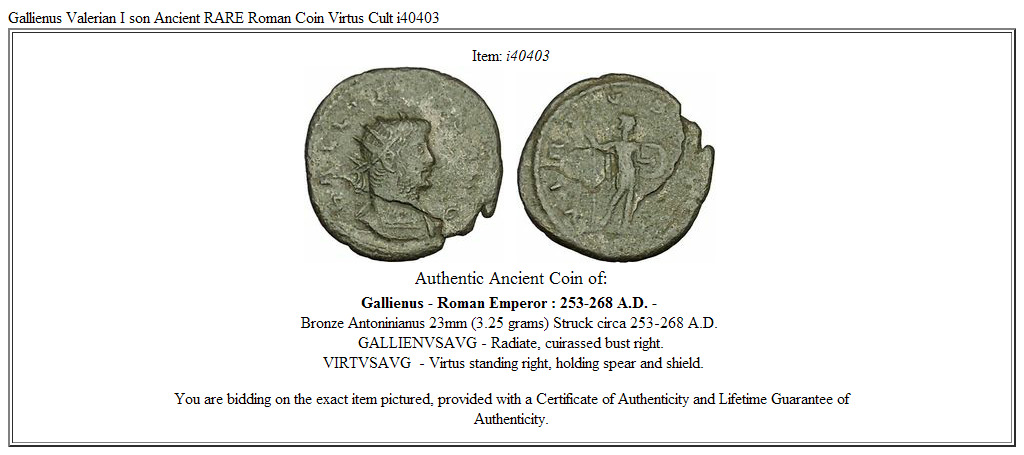 Gallienus Valerian I son Ancient RARE Roman Coin Virtus Cult i40403