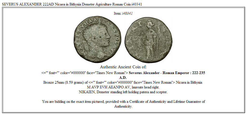 SEVERUS ALEXANDER 222AD Nicaea in Bithynia Demeter Agriculture Roman Coin i40341