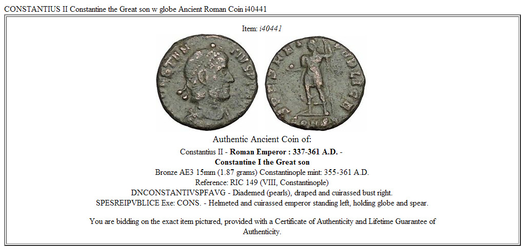 CONSTANTIUS II Constantine the Great son w globe Ancient Roman Coin i40441