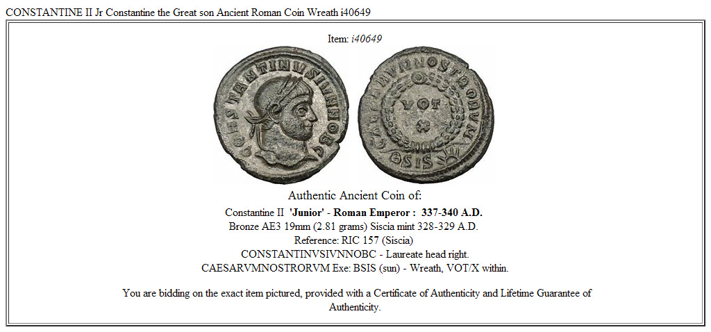 CONSTANTINE II Jr Constantine the Great son Ancient Roman Coin Wreath i40649