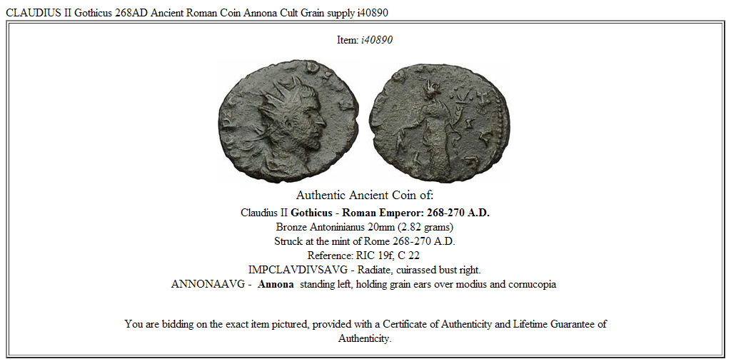 CLAUDIUS II Gothicus 268AD Ancient Roman Coin Annona Cult Grain supply i40890