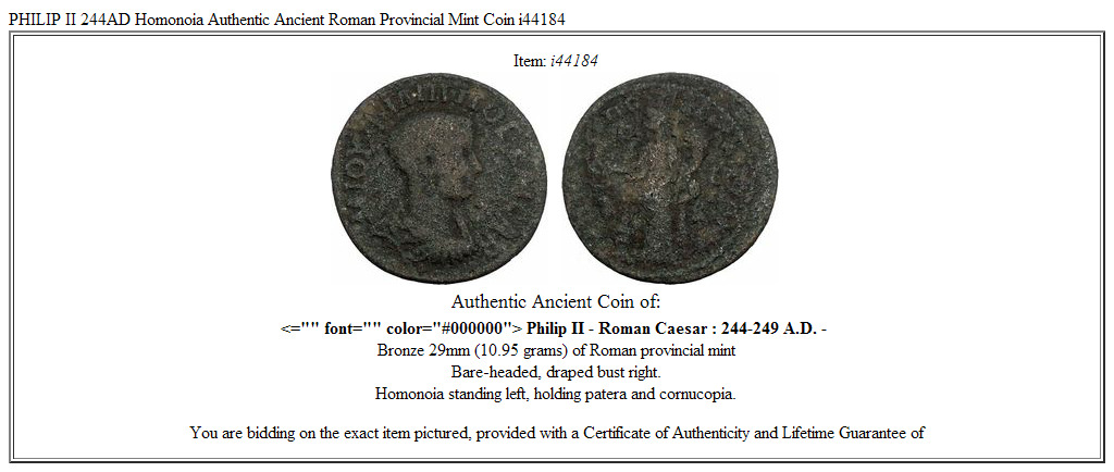 PHILIP II 244AD Homonoia Authentic Ancient Roman Provincial Mint Coin i44184