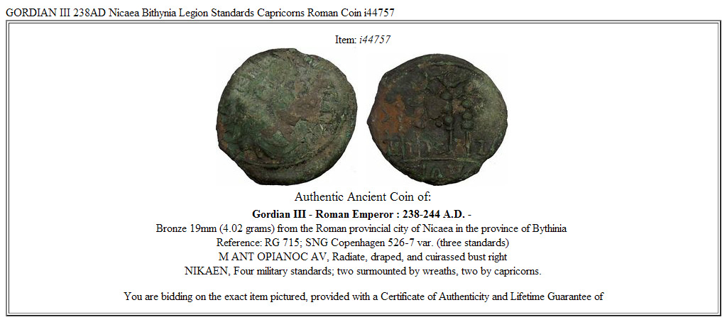 GORDIAN III 238AD Nicaea Bithynia Legion Standards Capricorns Roman Coin i44757