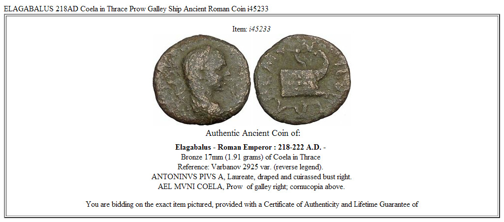 ELAGABALUS 218AD Coela in Thrace Prow Galley Ship Ancient Roman Coin i45233