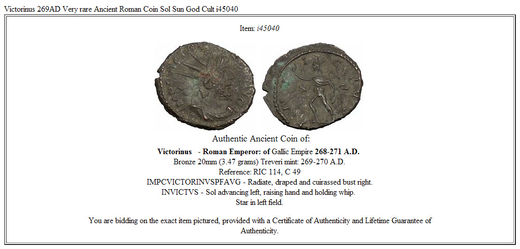 Victorinus 269AD Very rare Ancient Roman Coin Sol Sun God Cult i45040