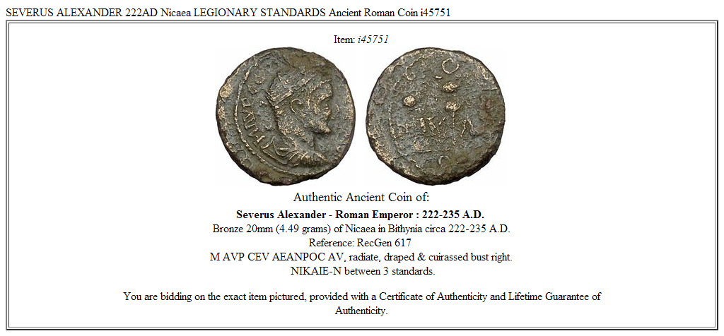 SEVERUS ALEXANDER 222AD Nicaea LEGIONARY STANDARDS Ancient Roman Coin i45751