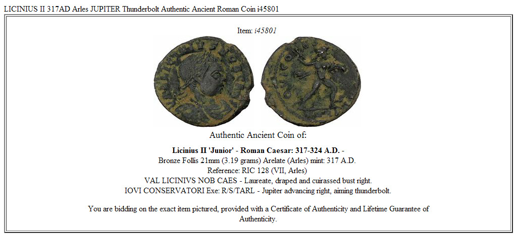 LICINIUS II 317AD Arles JUPITER Thunderbolt Authentic Ancient Roman Coin i45801