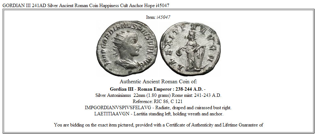 GORDIAN III 241AD Silver Ancient Roman Coin Happiness Cult Anchor Hope i45047