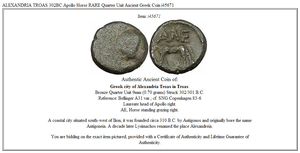 ALEXANDRIA TROAS 302BC Apollo Horse RARE Quarter Unit Ancient Greek Coin i45671