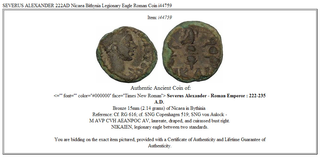 SEVERUS ALEXANDER 222AD Nicaea Bithynia Legionary Eagle Roman Coin i44759