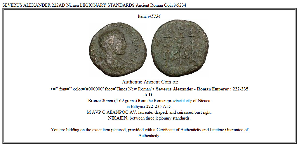 SEVERUS ALEXANDER 222AD Nicaea LEGIONARY STANDARDS Ancient Roman Coin i45234