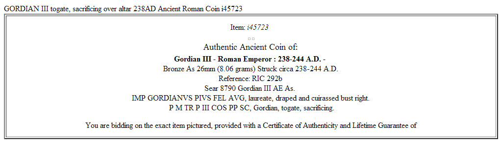 GORDIAN III togate, sacrificing over altar 238AD Ancient Roman Coin i45723