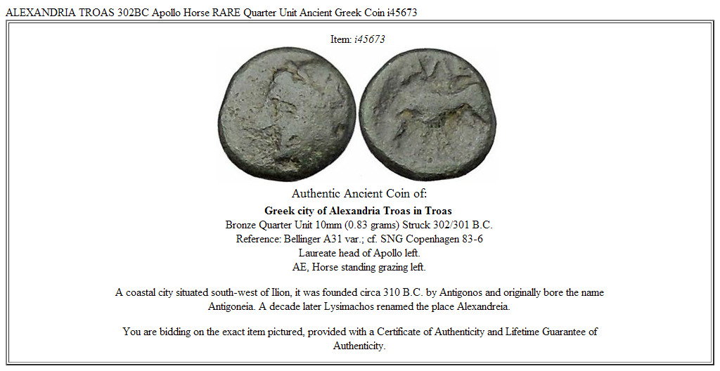 ALEXANDRIA TROAS 302BC Apollo Horse RARE Quarter Unit Ancient Greek Coin i45673