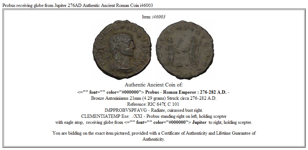 Probus receiving globe from Jupiter 276AD Authentic Ancient Roman Coin i46003