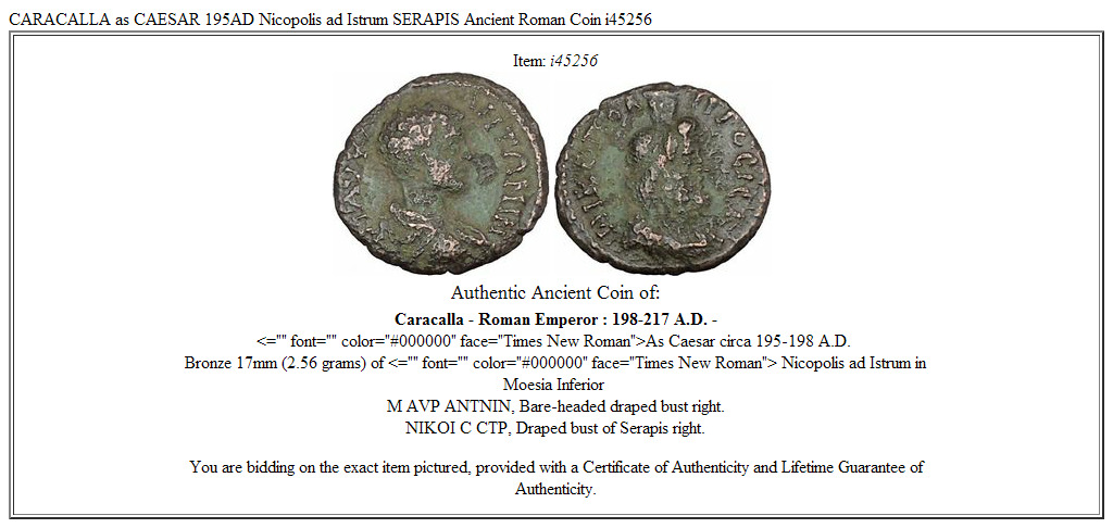 CARACALLA as CAESAR 195AD Nicopolis ad Istrum SERAPIS Ancient Roman Coin i45256