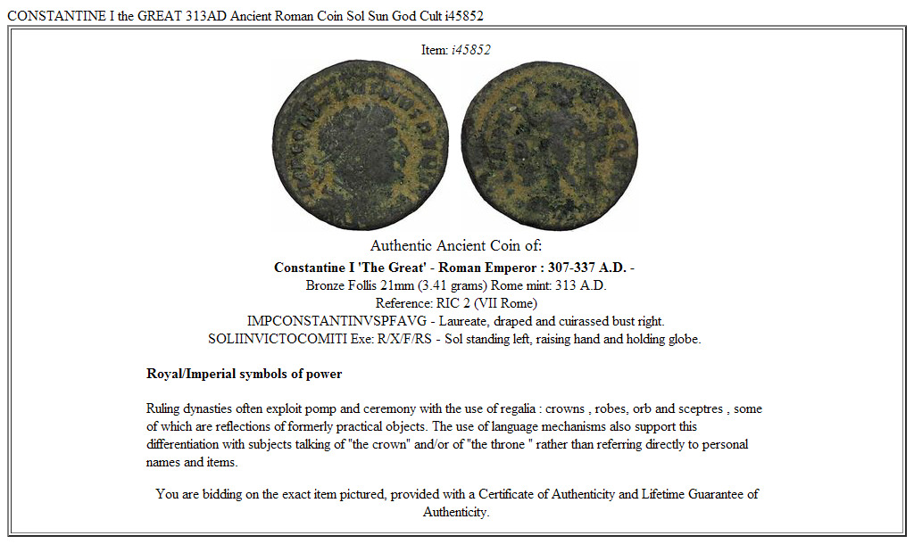 CONSTANTINE I the GREAT 313AD Ancient Roman Coin Sol Sun God Cult i45852