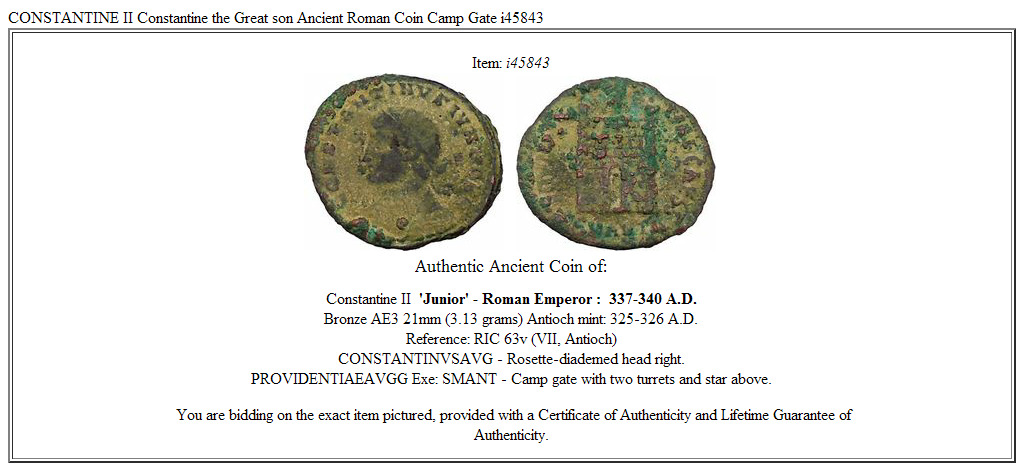 CONSTANTINE II Constantine the Great son Ancient Roman Coin Camp Gate i45843