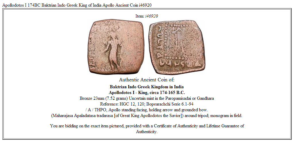 Apollodotos I 174BC Baktrian Indo Greek King of India Apollo Ancient Coin i46920