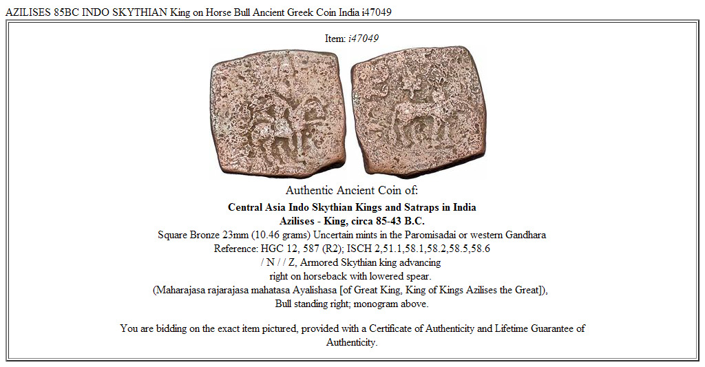 AZILISES 85BC INDO SKYTHIAN King on Horse Bull Ancient Greek Coin India i47049