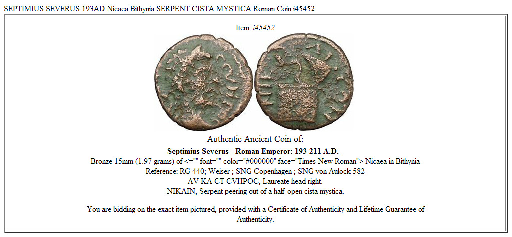 SEPTIMIUS SEVERUS 193AD Nicaea Bithynia SERPENT CISTA MYSTICA Roman Coin i45452