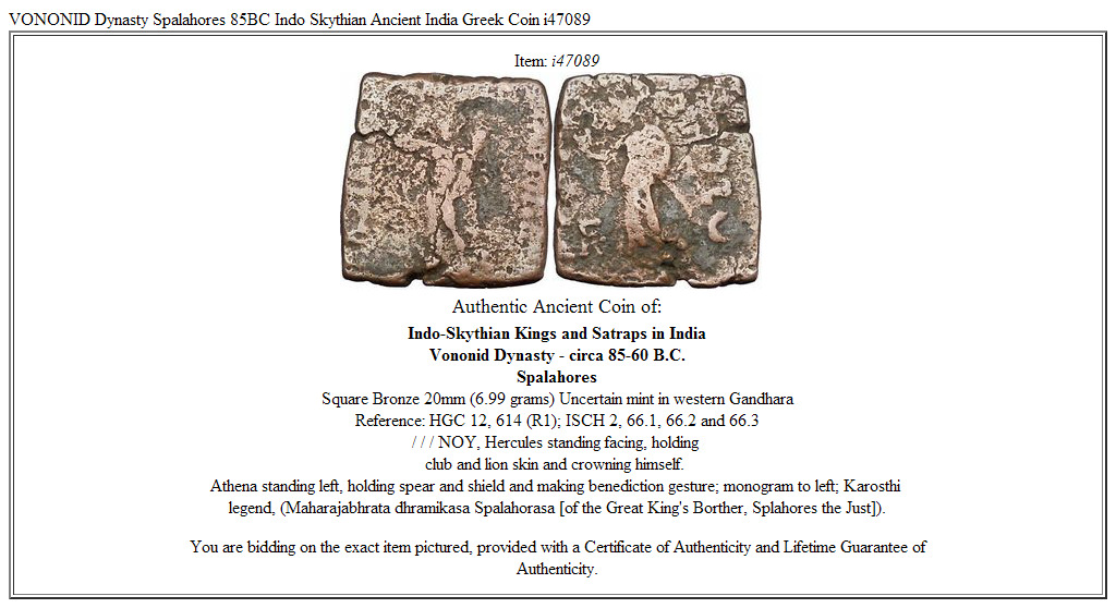 VONONID Dynasty Spalahores 85BC Indo Skythian Ancient India Greek Coin i47089