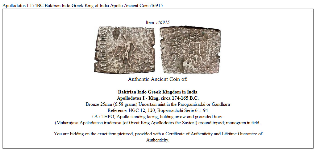 Apollodotos I 174BC Baktrian Indo Greek King of India Apollo Ancient Coin i46915