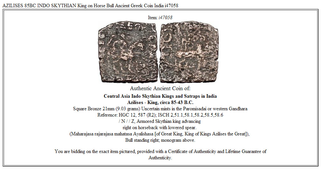 AZILISES 85BC INDO SKYTHIAN King on Horse Bull Ancient Greek Coin India i47058