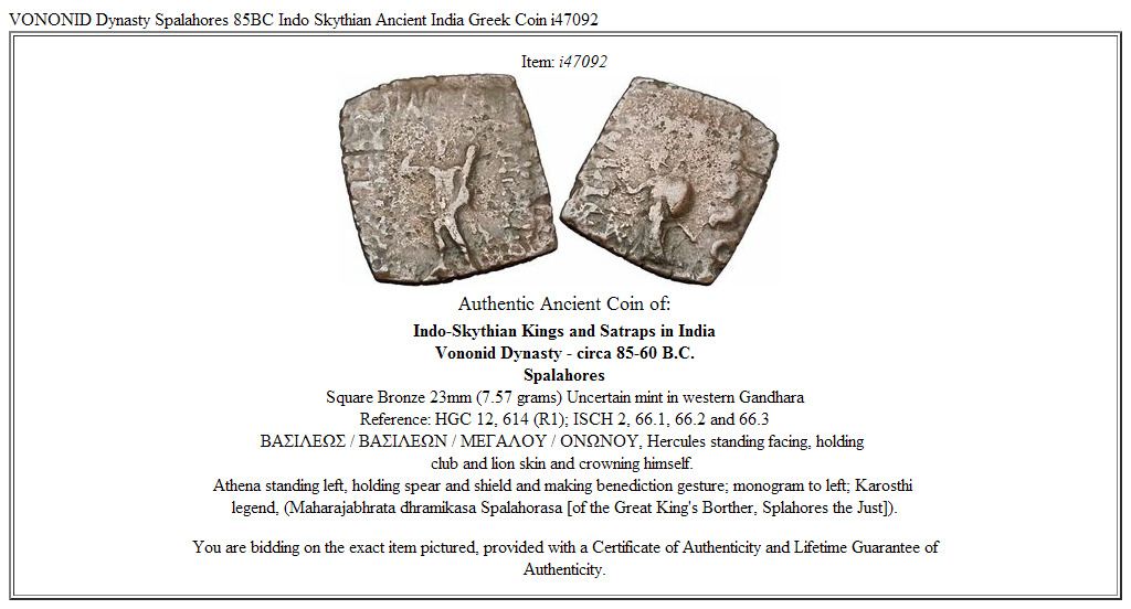 VONONID Dynasty Spalahores 85BC Indo Skythian Ancient India Greek Coin i47092