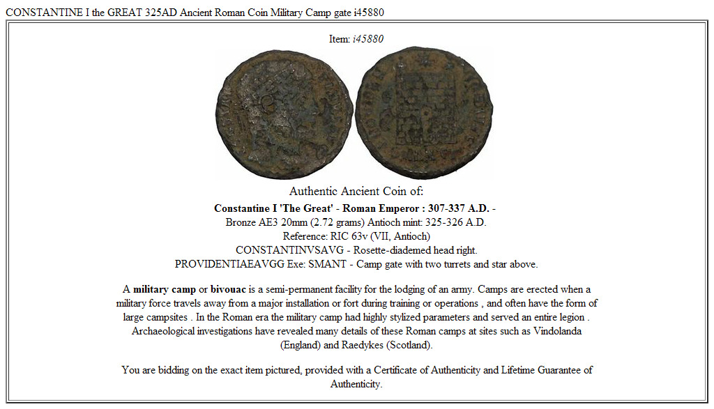 CONSTANTINE I the GREAT 325AD Ancient Roman Coin Military Camp gate i45880