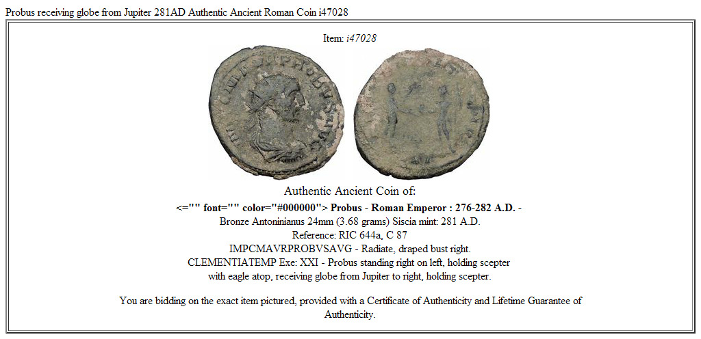 Probus receiving globe from Jupiter 281AD Authentic Ancient Roman Coin i47028