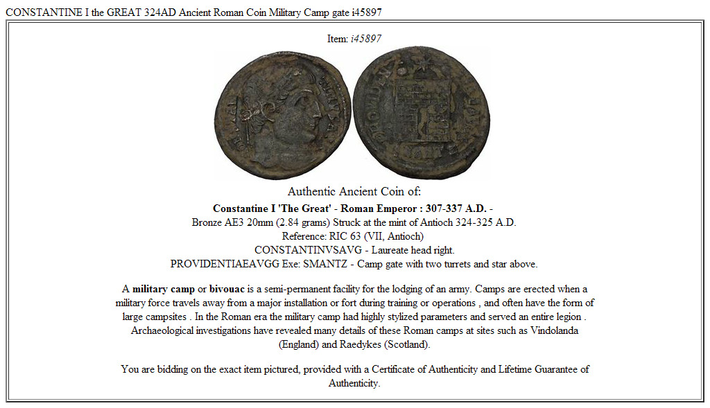CONSTANTINE I the GREAT 324AD Ancient Roman Coin Military Camp gate i45897
