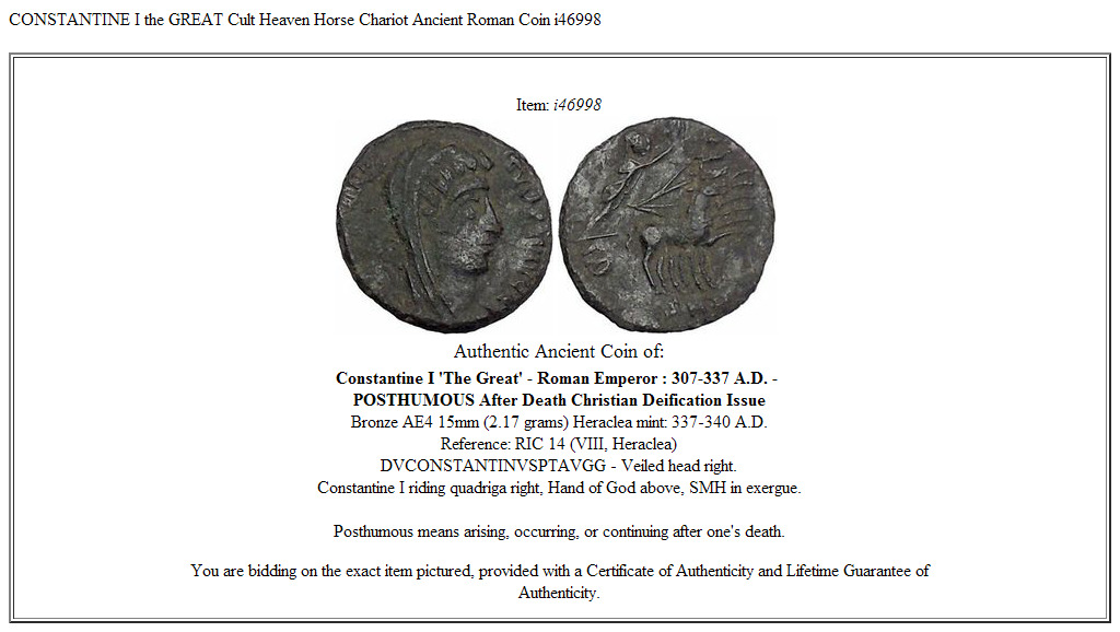 CONSTANTINE I the GREAT Cult Heaven Horse Chariot Ancient Roman Coin i46998