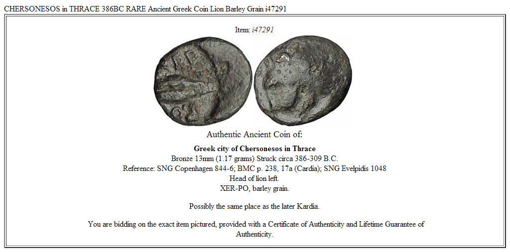 CHERSONESOS in THRACE 386BC RARE Ancient Greek Coin Lion Barley Grain i47291