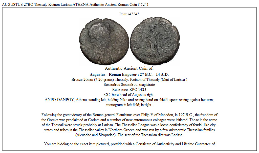 AUGUSTUS 27BC Thessaly Koinon Larissa ATHENA Authentic Ancient Roman Coin i47241