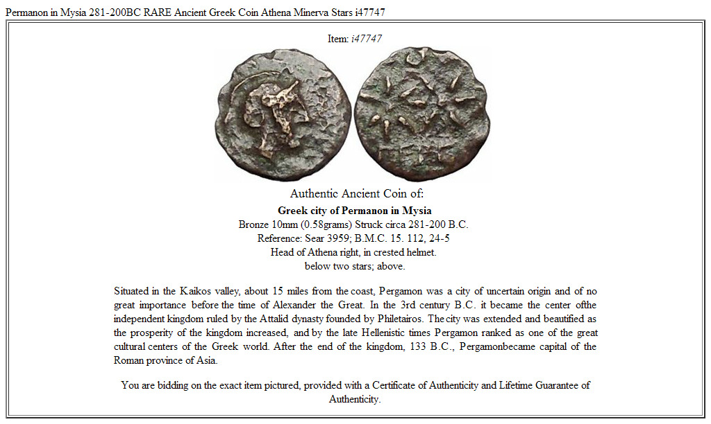 Permanon in Mysia 281-200BC RARE Ancient Greek Coin Athena Minerva Stars i47747