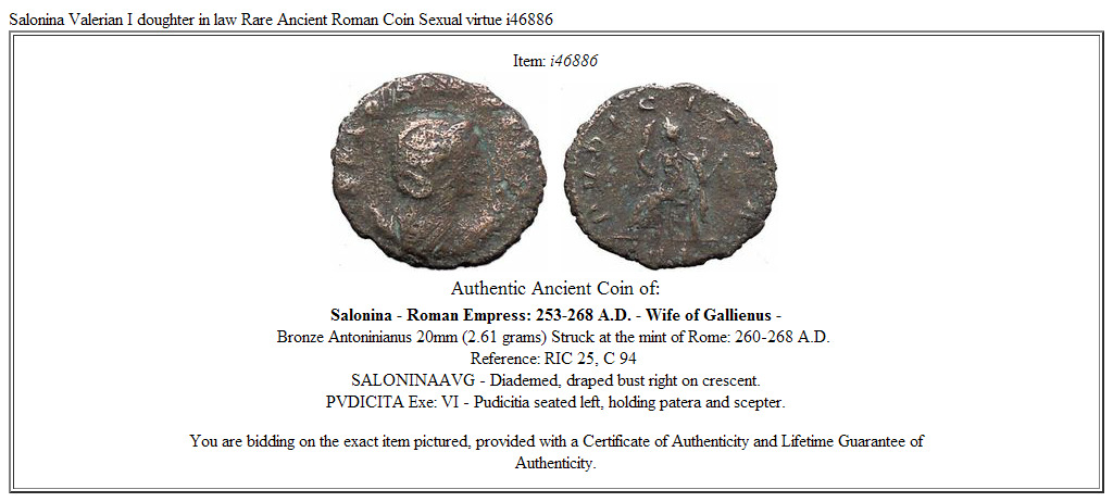 Salonina Valerian I doughter in law Rare Ancient Roman Coin Sexual virtue i46886