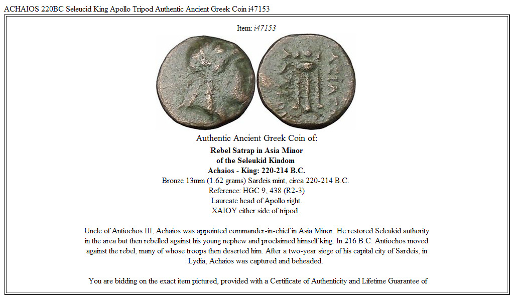 ACHAIOS 220BC Seleucid King Apollo Tripod Authentic Ancient Greek Coin i47153