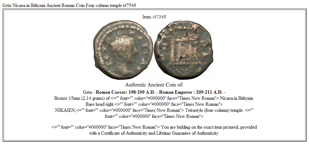Geta Nicaea in Bithynia Ancient Roman Coin Four column temple i47549