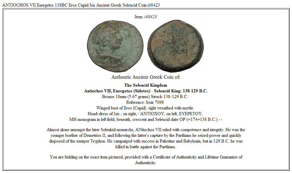 ANTIOCHOS VII Euergetes 138BC Eros Cupid Isis Ancient Greek Seleucid Coin i48423