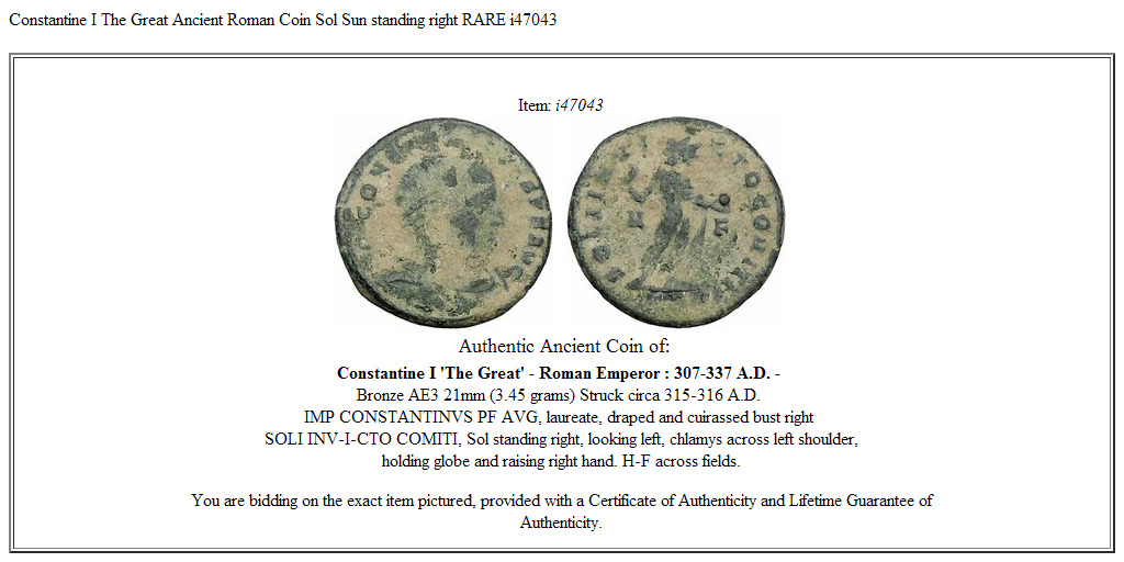 Constantine I The Great Ancient Roman Coin Sol Sun standing right RARE i47043