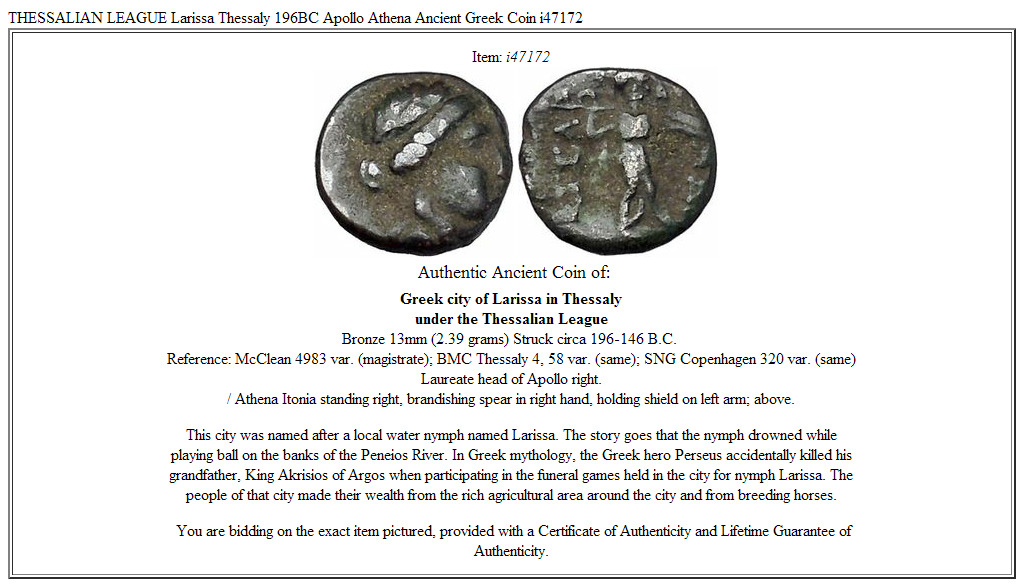 THESSALIAN LEAGUE Larissa Thessaly 196BC Apollo Athena Ancient Greek Coin i47172