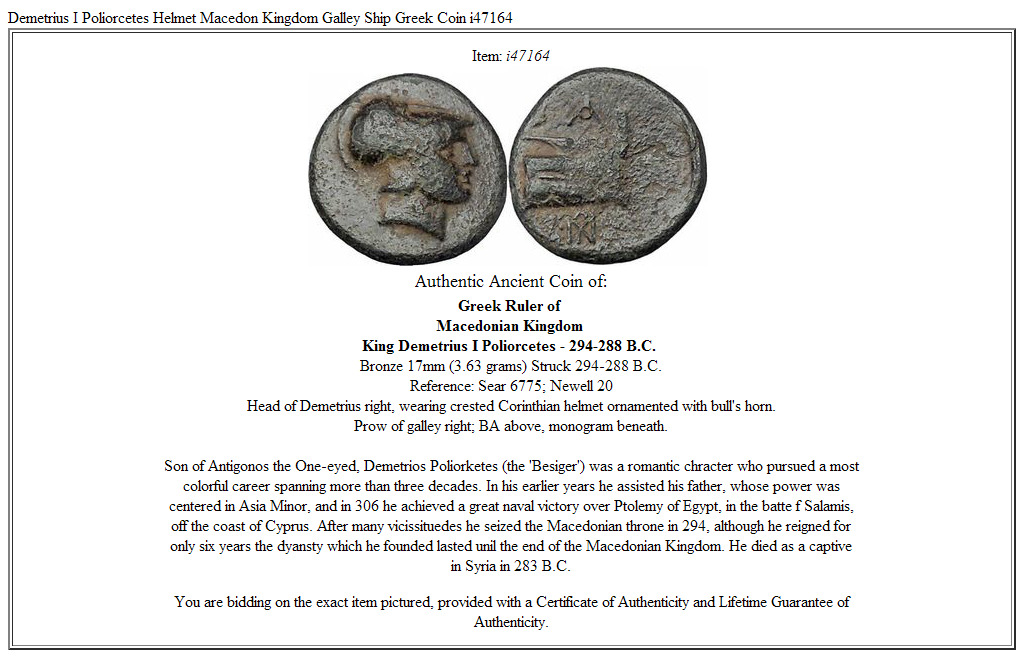 Demetrius I Poliorcetes Helmet Macedon Kingdom Galley Ship Greek Coin i47164