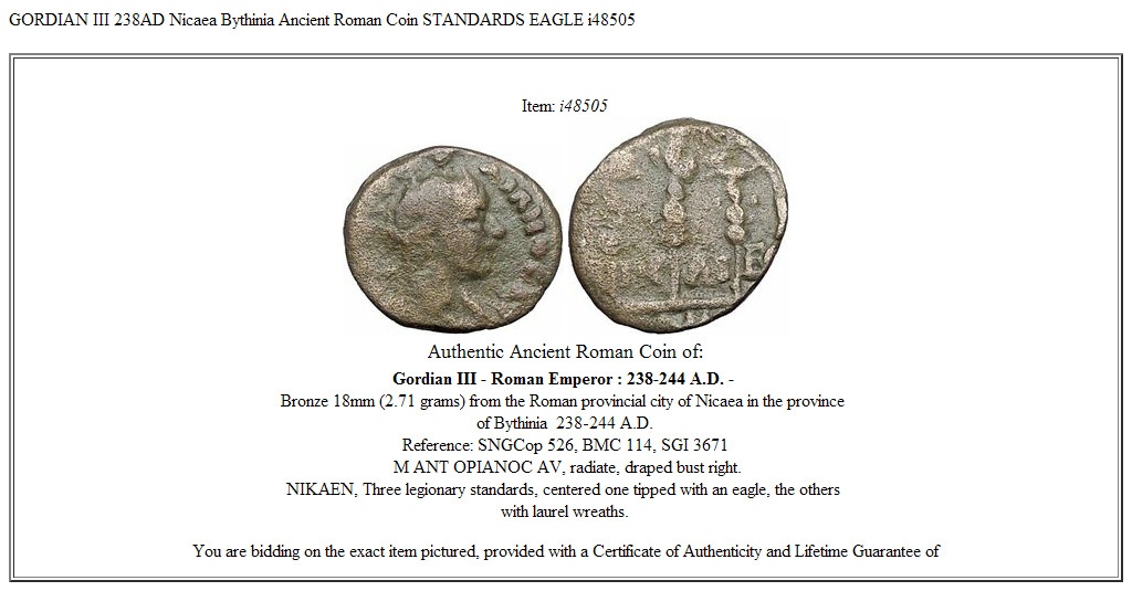 GORDIAN III 238AD Nicaea Bythinia Ancient Roman Coin STANDARDS EAGLE i48505