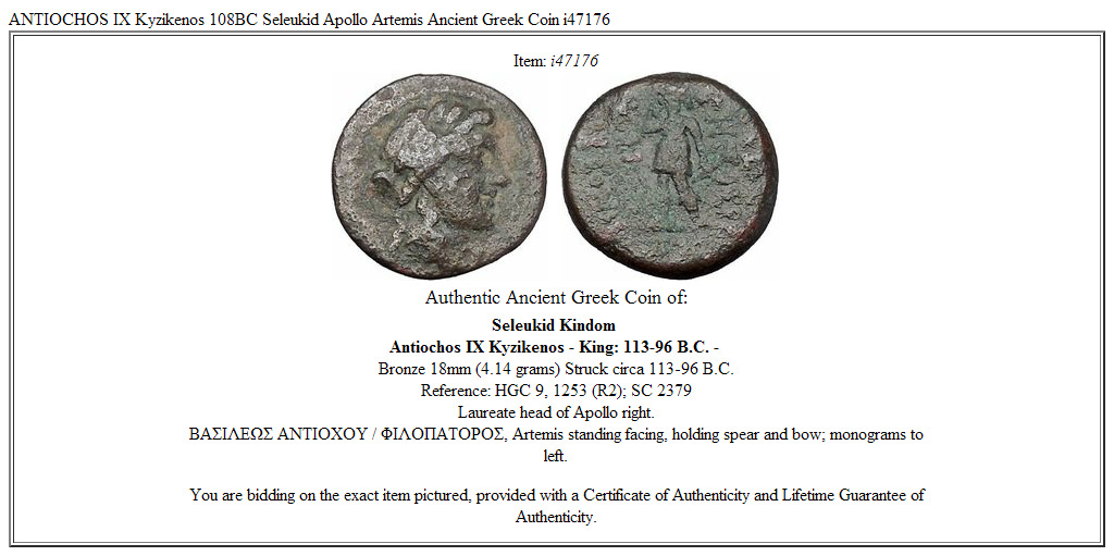 ANTIOCHOS IX Kyzikenos 108BC Seleukid Apollo Artemis Ancient Greek Coin i47176