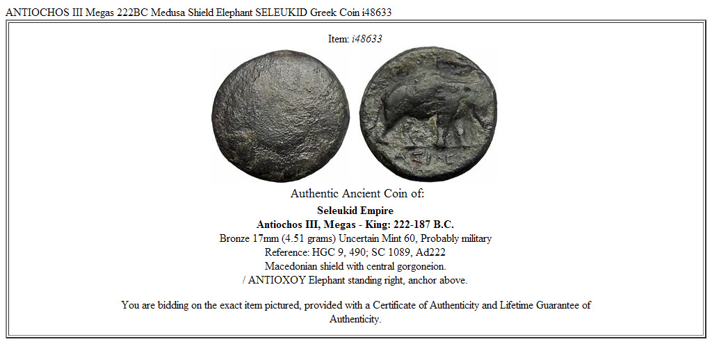 ANTIOCHOS III Megas 222BC Medusa Shield Elephant SELEUKID Greek Coin i48633