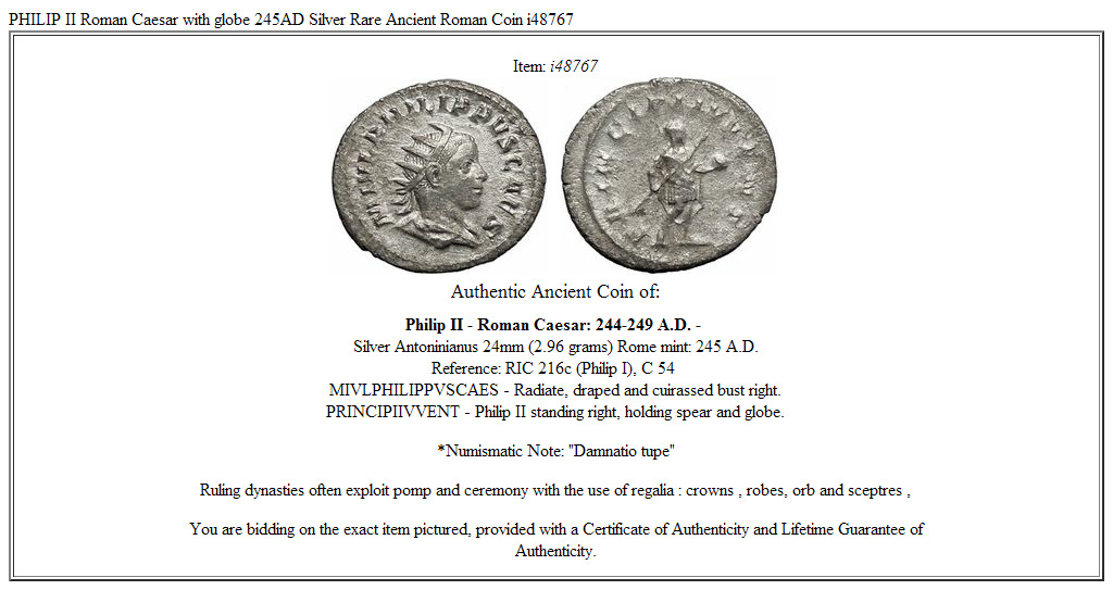 PHILIP II Roman Caesar with globe 245AD Silver Rare Ancient Roman Coin i48767