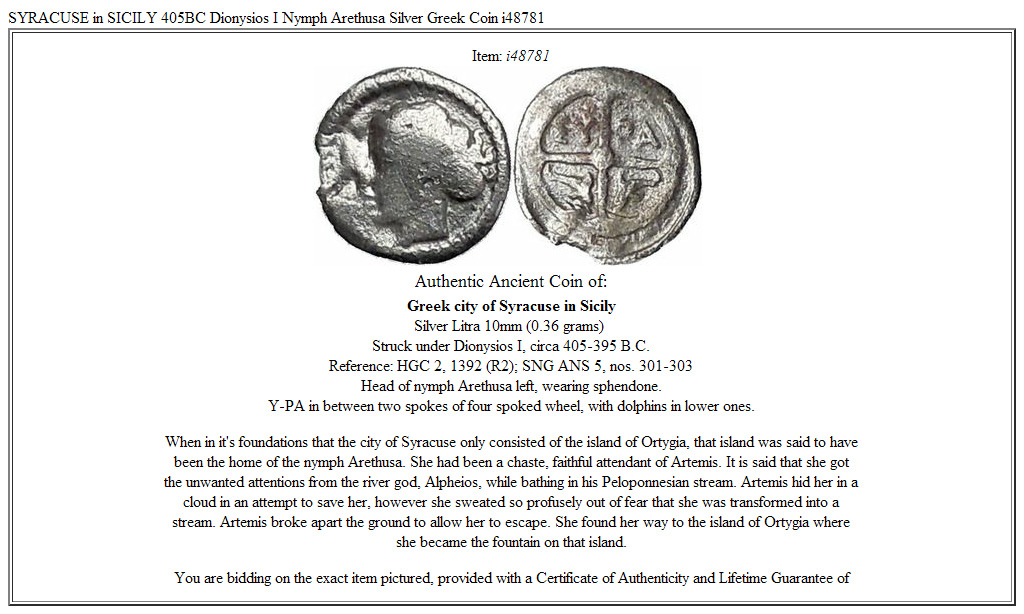 SYRACUSE in SICILY 405BC Dionysios I Nymph Arethusa Silver Greek Coin i48781