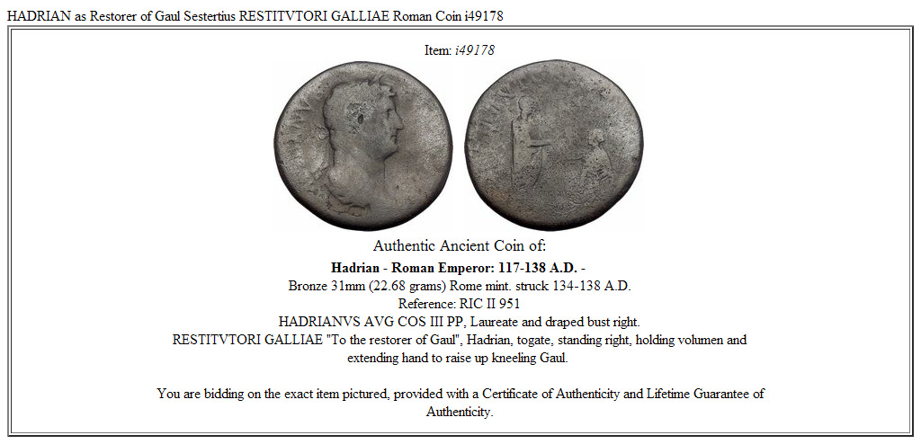 HADRIAN as Restorer of Gaul Sestertius RESTITVTORI GALLIAE Roman Coin i49178