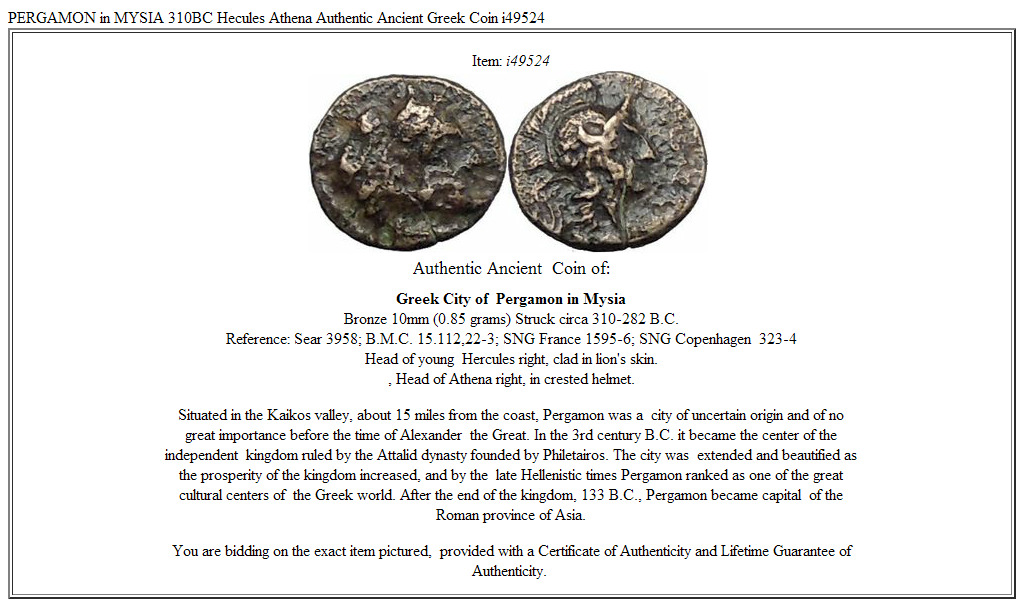 PERGAMON in MYSIA 310BC Hecules Athena Authentic Ancient Greek Coin i49524